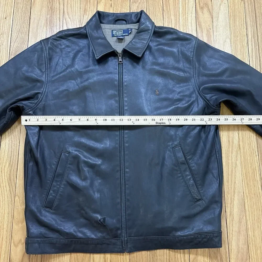 Polo Ralph Lauren Leather Jacket Men’s Size L Zip Front Plaid Lined *Flaw Read - Picture 11 of 16